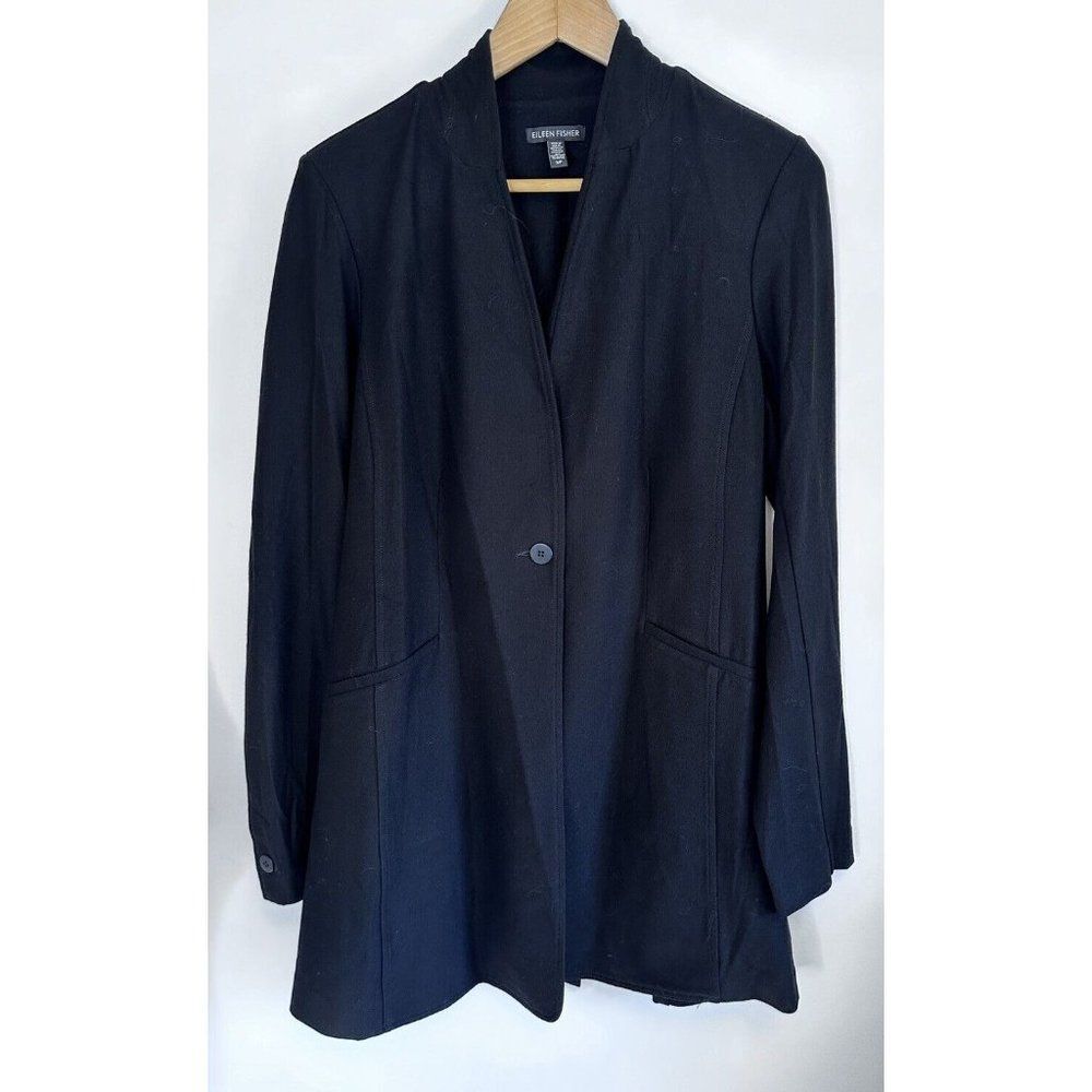 EILEEN FISHER Blazer Smal Washable Stretch Crepe One-Button Shawl Neck Black USA